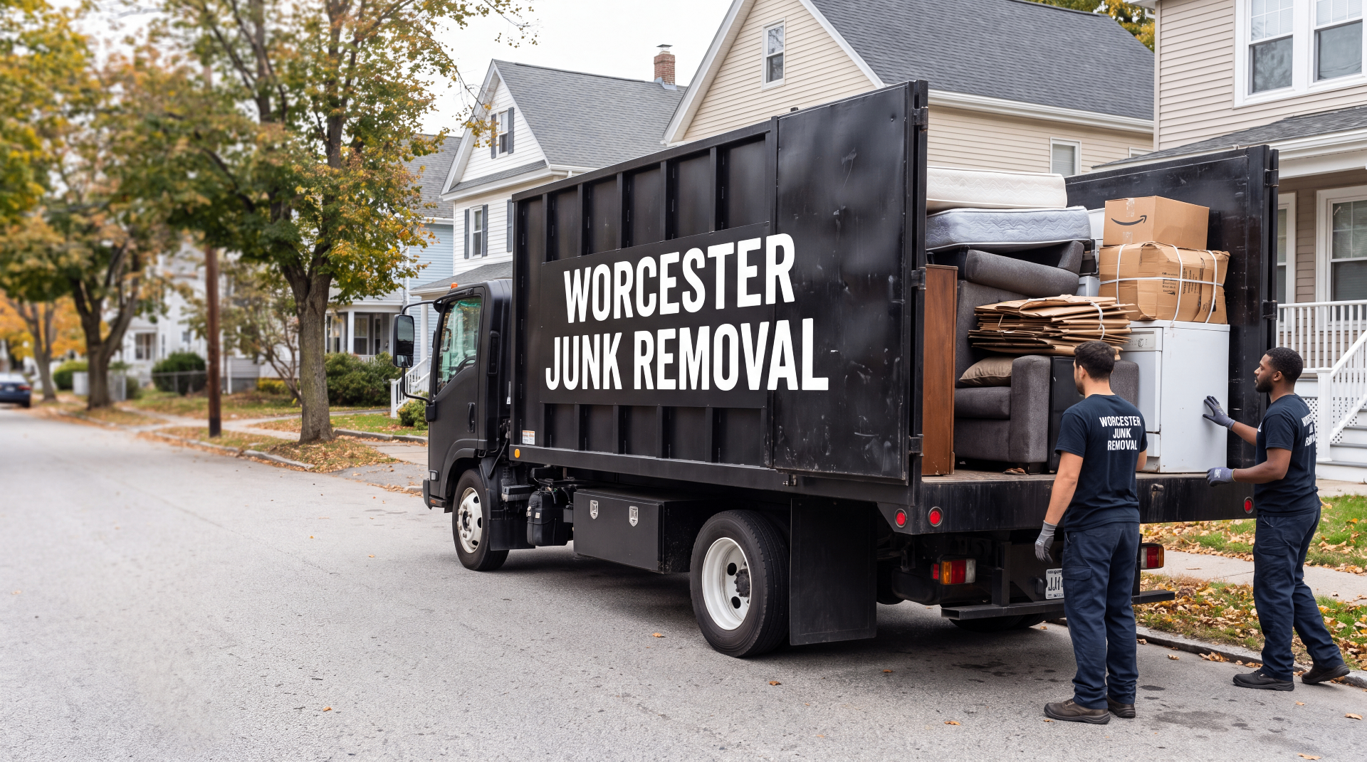 Worcester Junk Removal truck and uniformed crew loading a job in Central Massachusetts