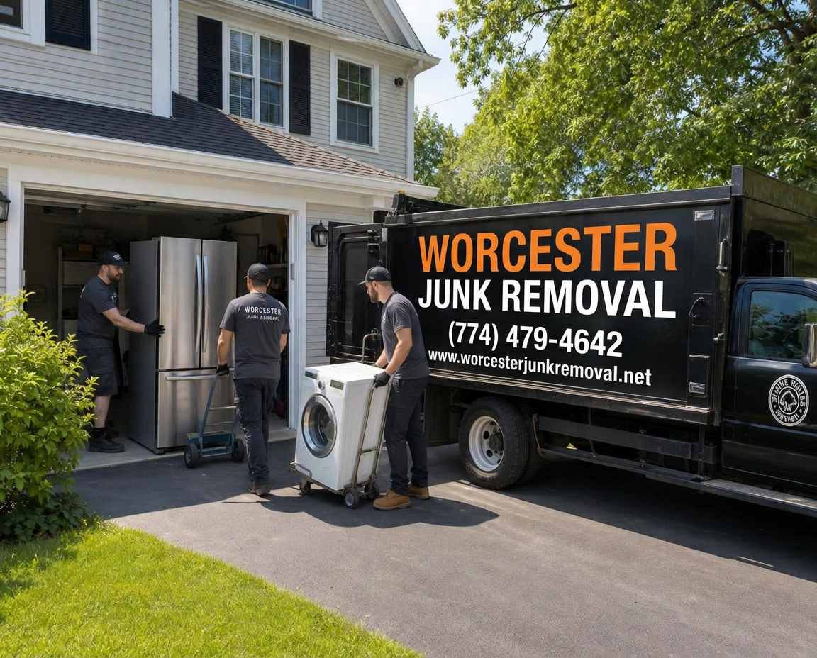 Uniformed Worcester Junk Removal crew removing a refrigerator and washer from a home