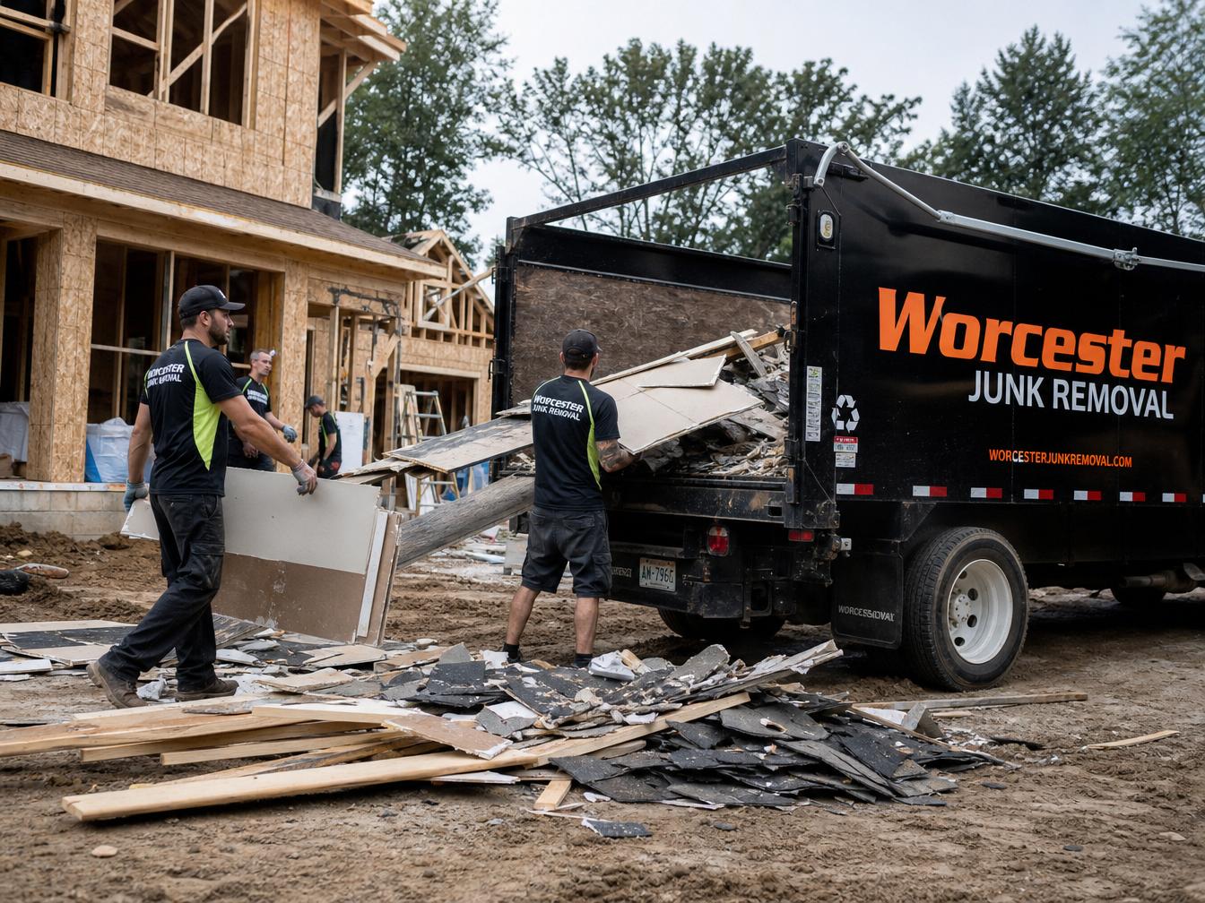 Worcester Junk Removal crew loading drywall, lumber, roofing shingles, and construction debris into a branded truck at an active residential construction site