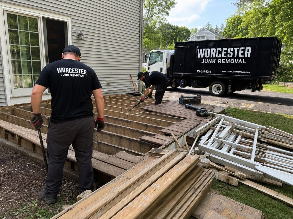 Worcester Junk Removal crew dismantling an old wooden backyard deck and loading debris into a branded truck