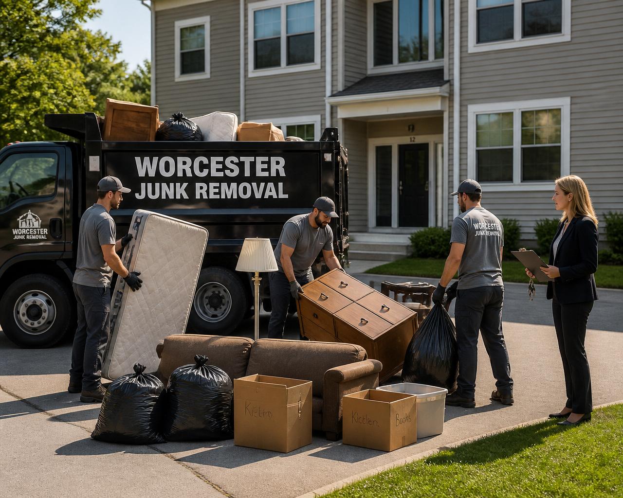 Worcester Junk Removal crew clearing abandoned furniture and tenant belongings from a recently vacated apartment with the property manager present