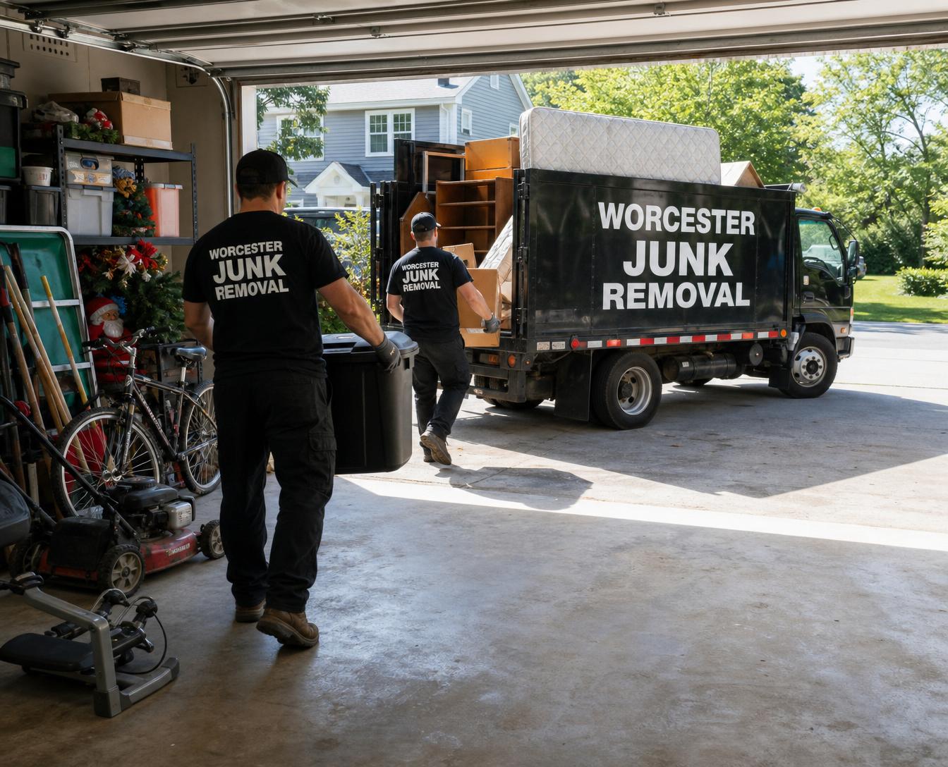 Worcester Junk Removal crew halfway through a garage cleanout with the truck loaded and space reclaimed