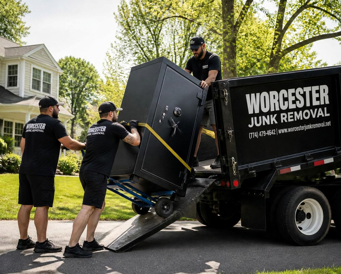 Worcester Junk Removal crew loading a heavy gun safe into the branded truck with specialized equipment