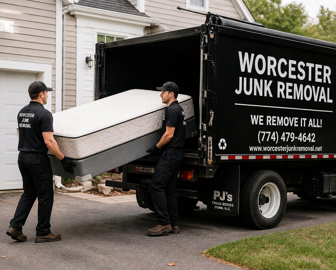 Uniformed Worcester Junk Removal crew removing a mattress from a home