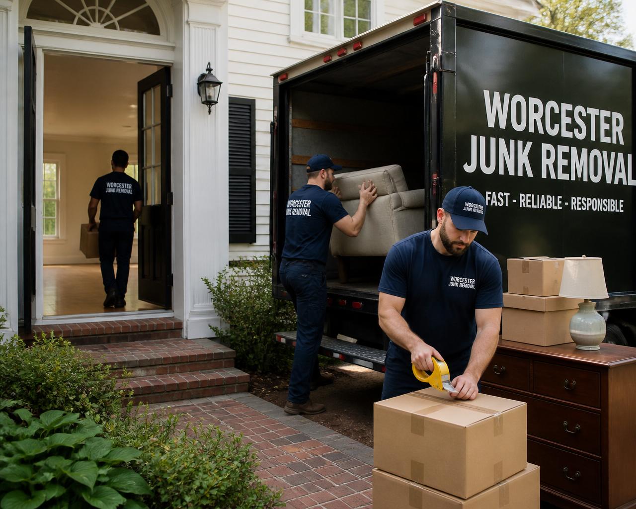 Worcester Junk Removal crew completing the final stages of a residential move-out and probate cleanout with furniture and boxes being loaded into the branded truck