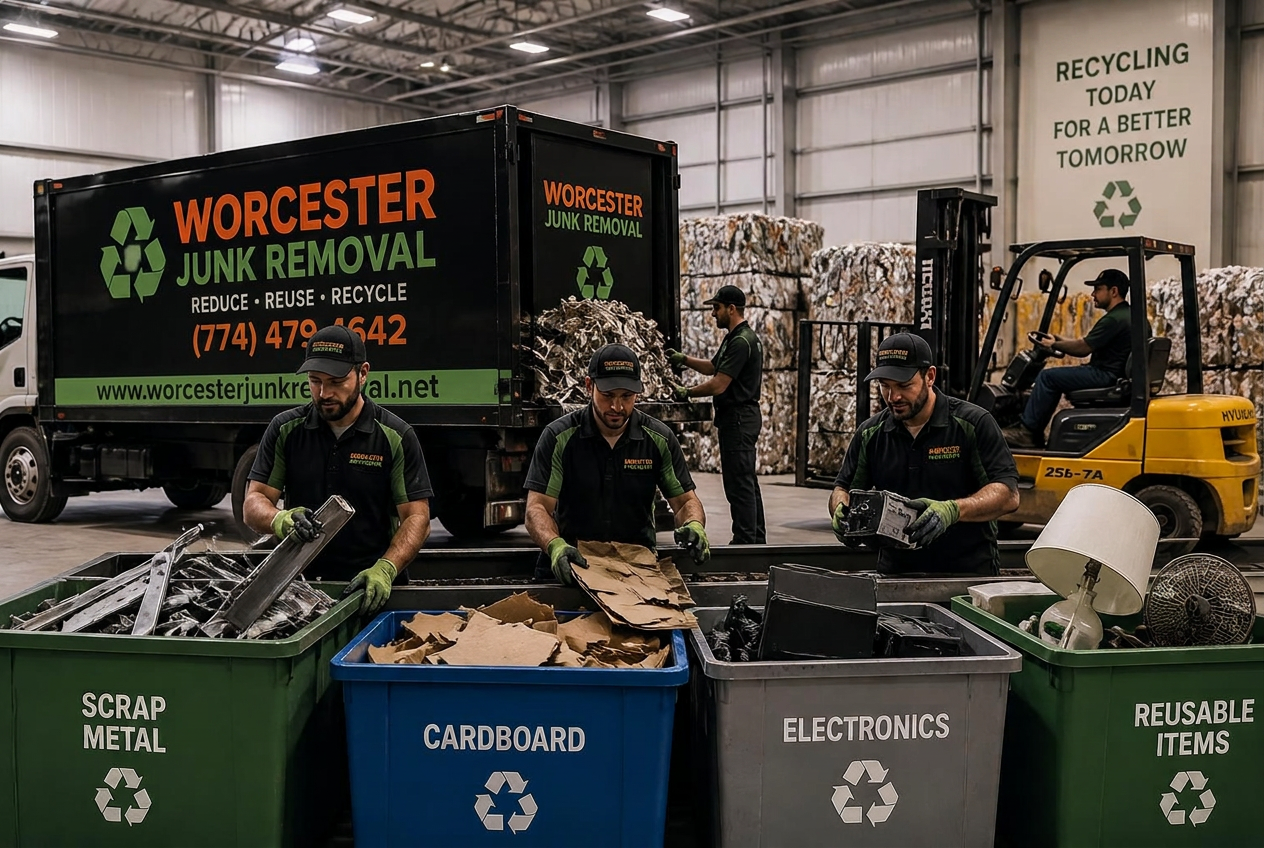 Worcester Junk Removal crew sorting mixed loads into labeled recycling bins at a clean transfer facility